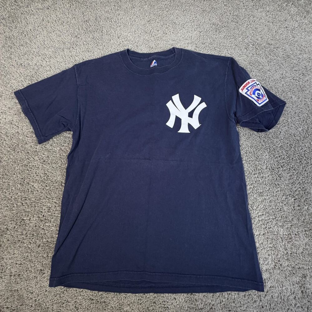 New York Yankees Shirt Mens M Blue MLB Baseball NY Logo Back Number 2 Majestic